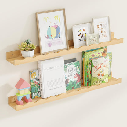 Fun Memories Picture Ledge Shelf for Wall, 36 inch Pine Wood Nursery Book Shelves Set of 2- Wall