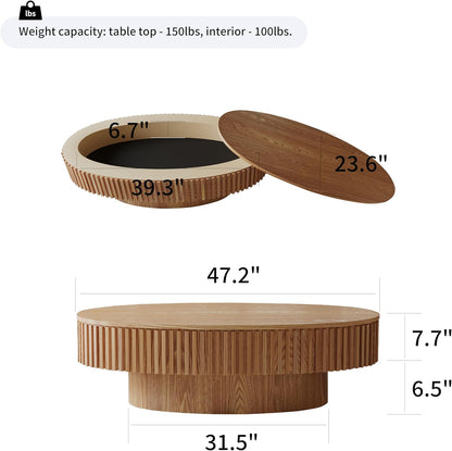 47.2''Oval Coffee Table with Storage, Mid Century Modern Drum Center Tables with Lid Fluted Solid
