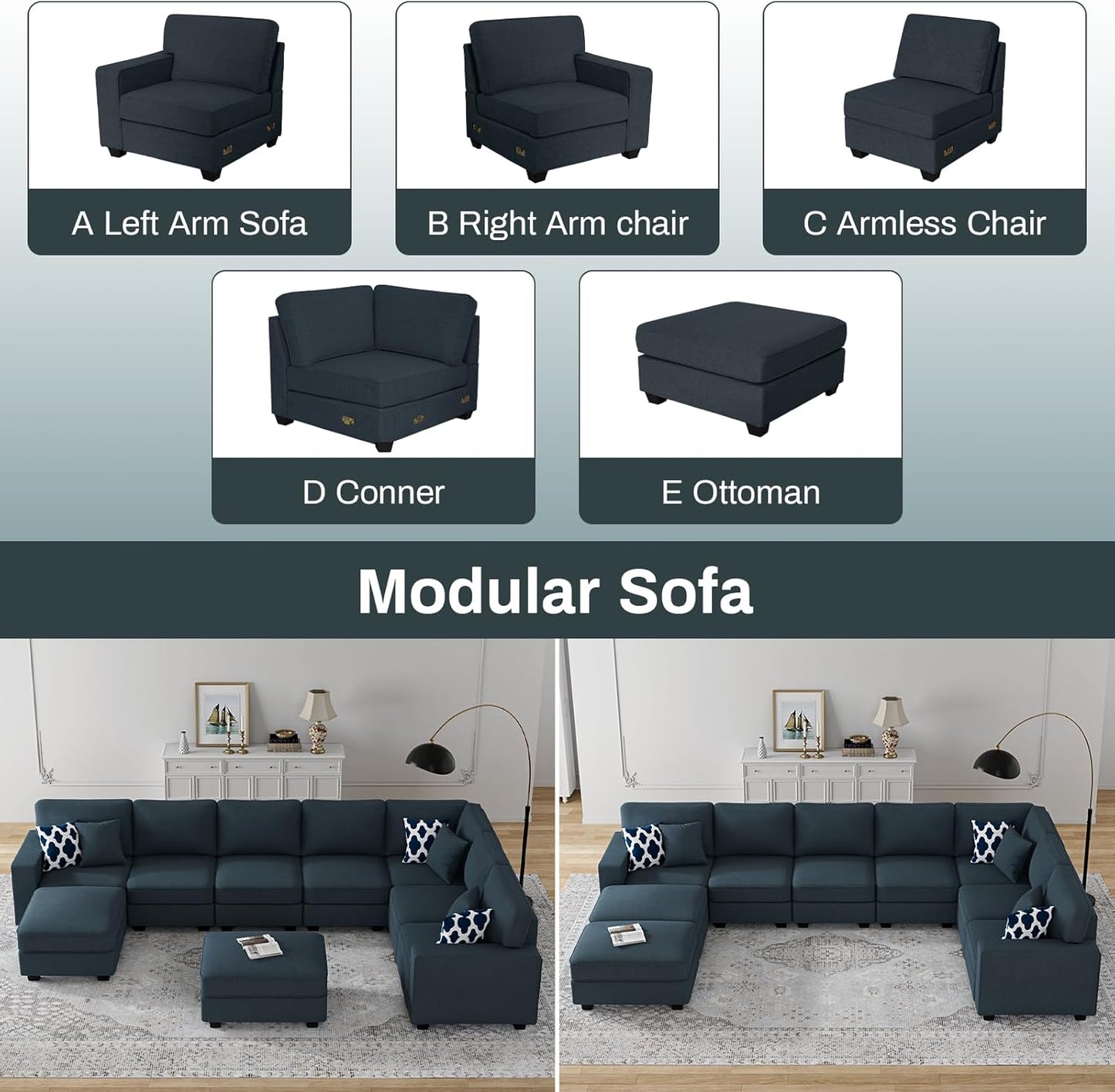 L Lengend Vansen Modular Sectional Sofa U Shaped Couch with Ottoman Modern Reversible Corner