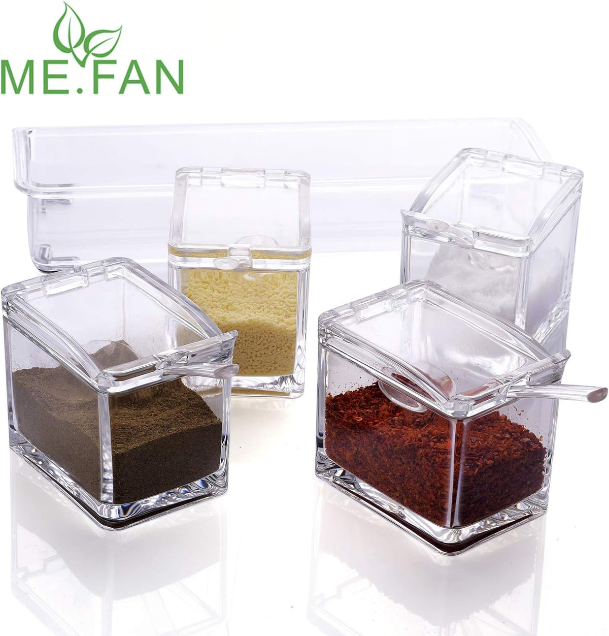 ME.FAN Clear Seasoning Rack Spice Pots - 4 Piece Acrylic Seasoning Box - Storage Container