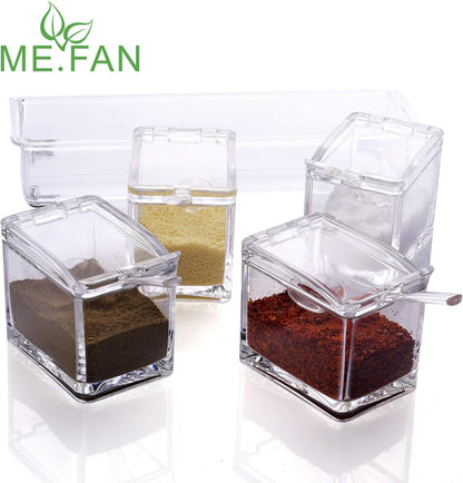 ME.FAN Clear Seasoning Rack Spice Pots - 4 Piece Acrylic Seasoning Box - Storage Container