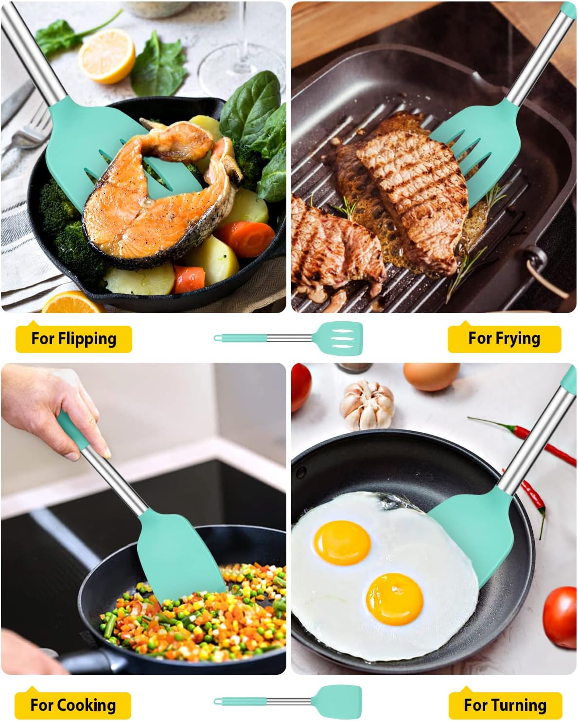 Pack of 2 Silicone Solid Turner, Non Stick Slotted Kitchen Spatulas, High Heat Resistant BPA Free