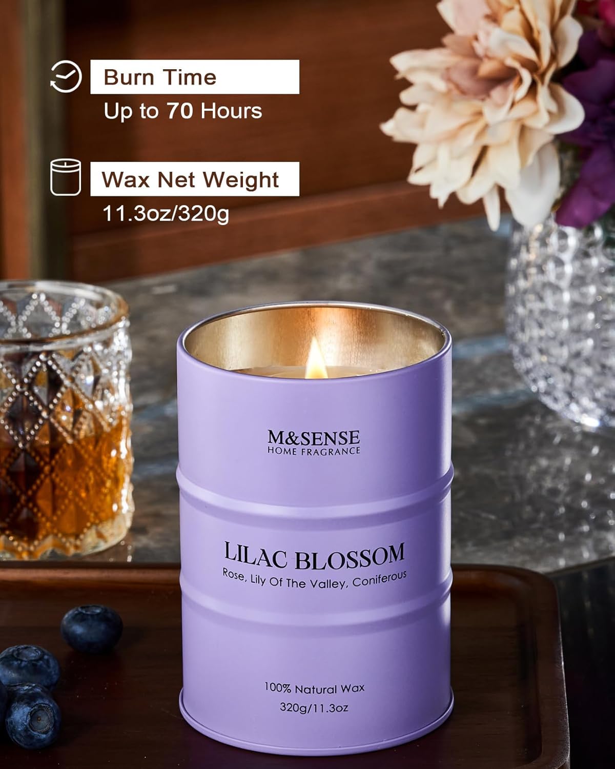 M&SENSE Lilac Blossom Soy Candles for Home Scented, 11.3oz 70 Hour Long Burning Aromatherapy Candle