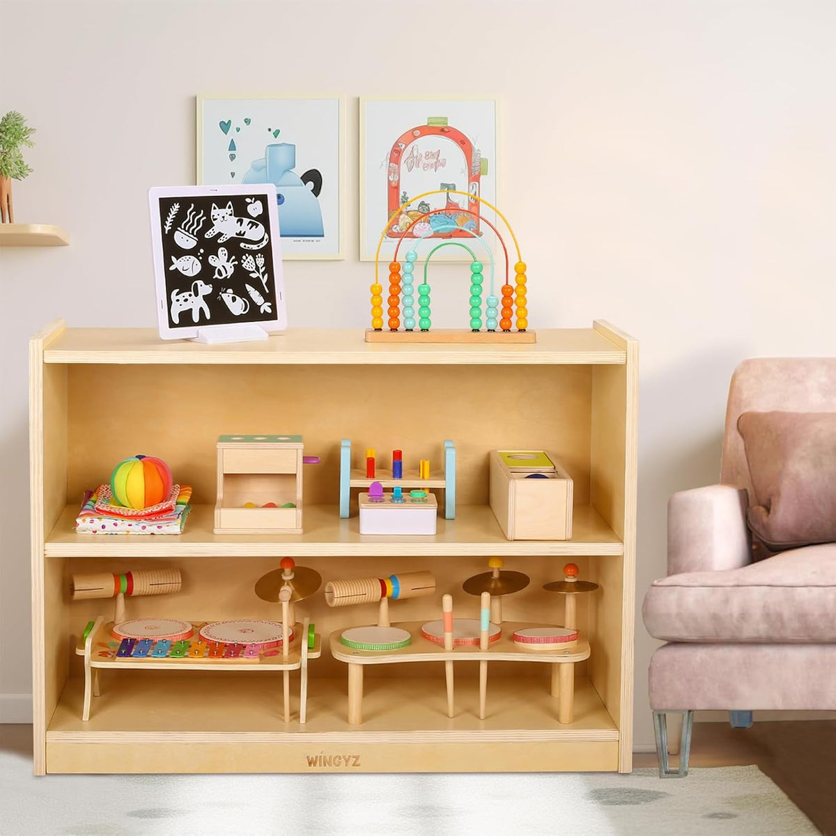 wingyz Wooden Storage Cabinet, 2-Tier Kids Toy Storage Organizer, Spacious Montessori Kids