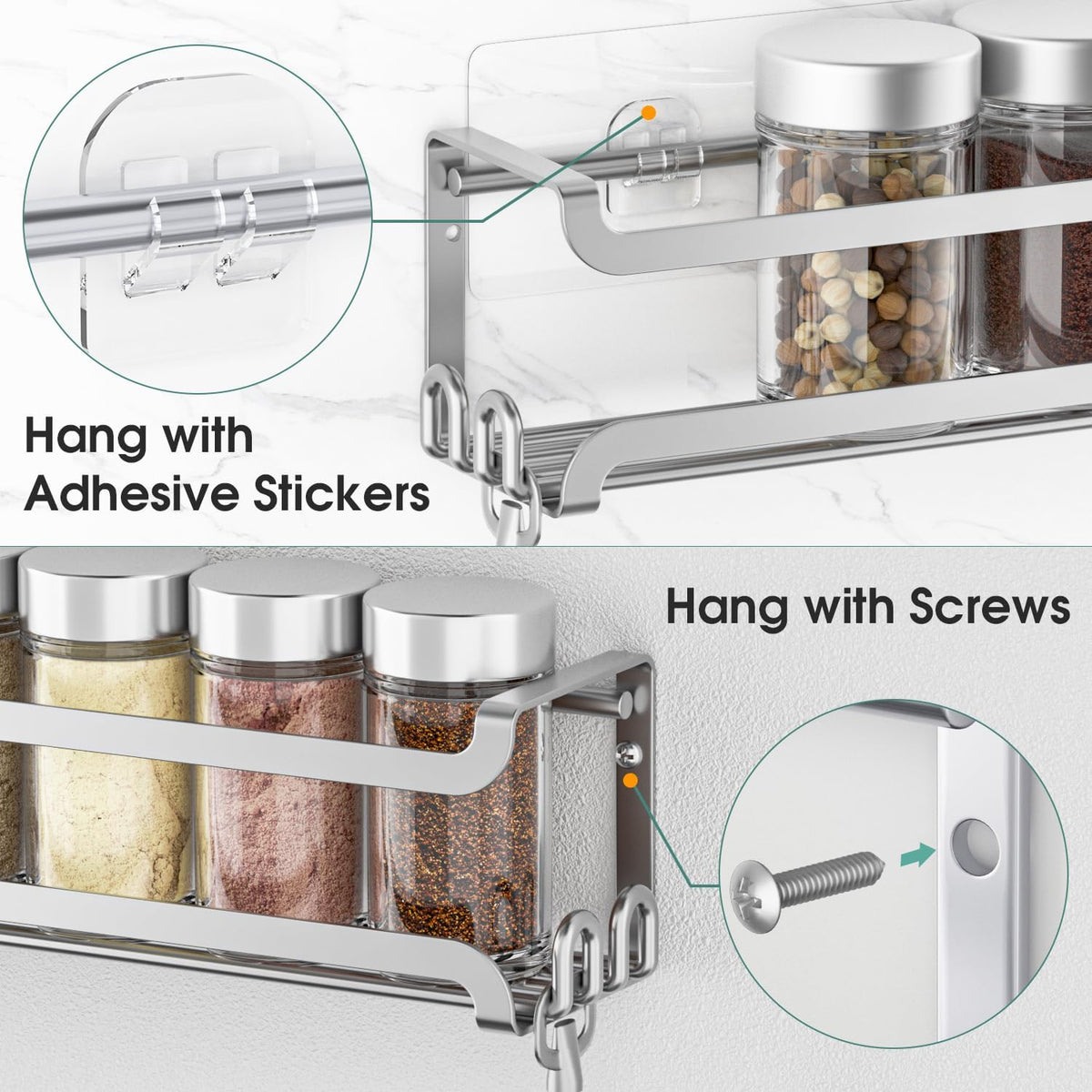 LUCYCAZ 4 Pack Wall Mounted Spice Rack with 16 Hooks, Spice Organizer Shelf for Stove Cabinet