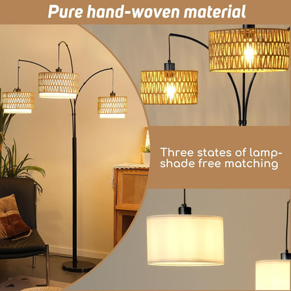 Rattan Floor Lamp for Living Room, 80 Inch Tall Boho Floor Lamp with Rotary Switch, 3 Lights Arc