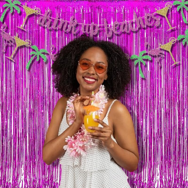 BRAVESHINE Hot Pink Tinsel Foil Fringe Curtains - 2Pcs 3.2x8.2ft Metallic Party Streamers Backdrop