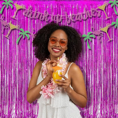 BRAVESHINE Hot Pink Tinsel Foil Fringe Curtains - 2Pcs 3.2x8.2ft Metallic Party Streamers Backdrop