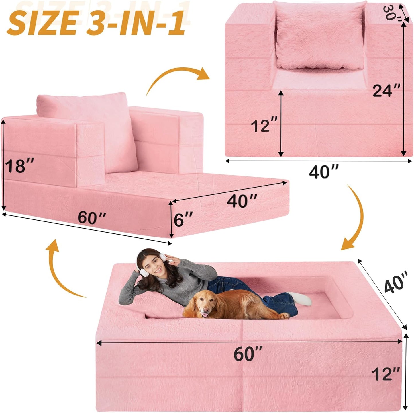 Folding Bean Bag Chair for Adults,3-in-1 Bean Bag Couch Faux Fur Floor Sofa Large Beanbag