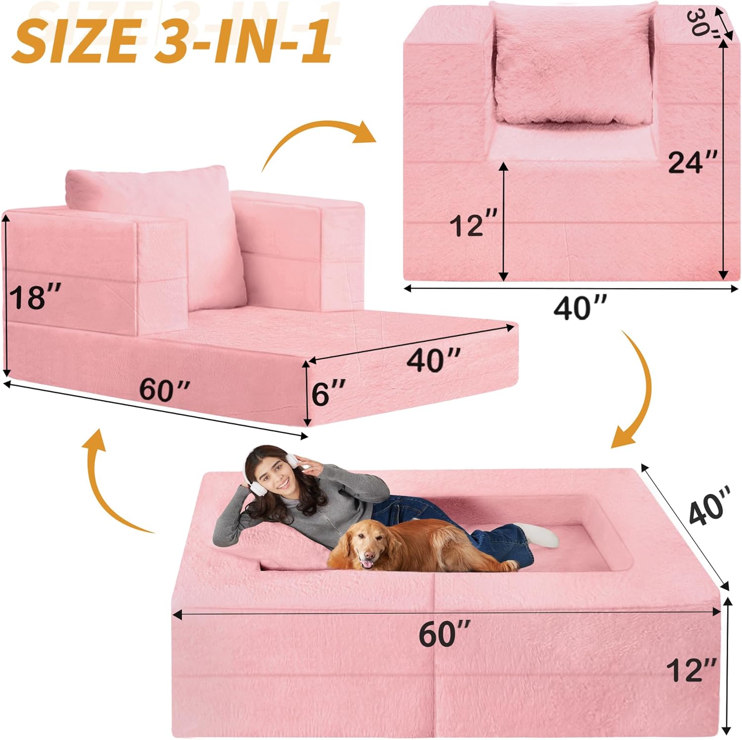 Folding Bean Bag Chair for Adults,3-in-1 Bean Bag Couch Faux Fur Floor Sofa Large Beanbag