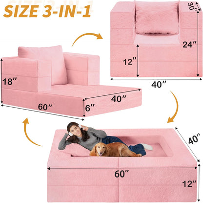 Folding Bean Bag Chair for Adults,3-in-1 Bean Bag Couch Faux Fur Floor Sofa Large Beanbag