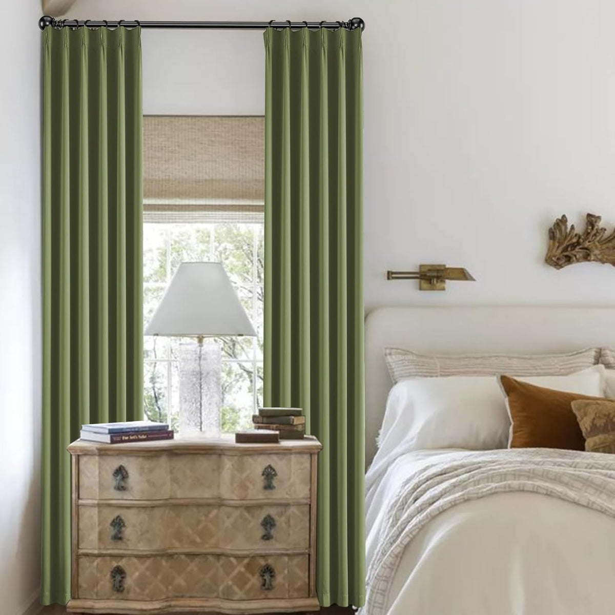 KangBang Sage Green Pinch Pleat Blackout Curtains 96 Inches Long for Living Room, Pinch Pleated