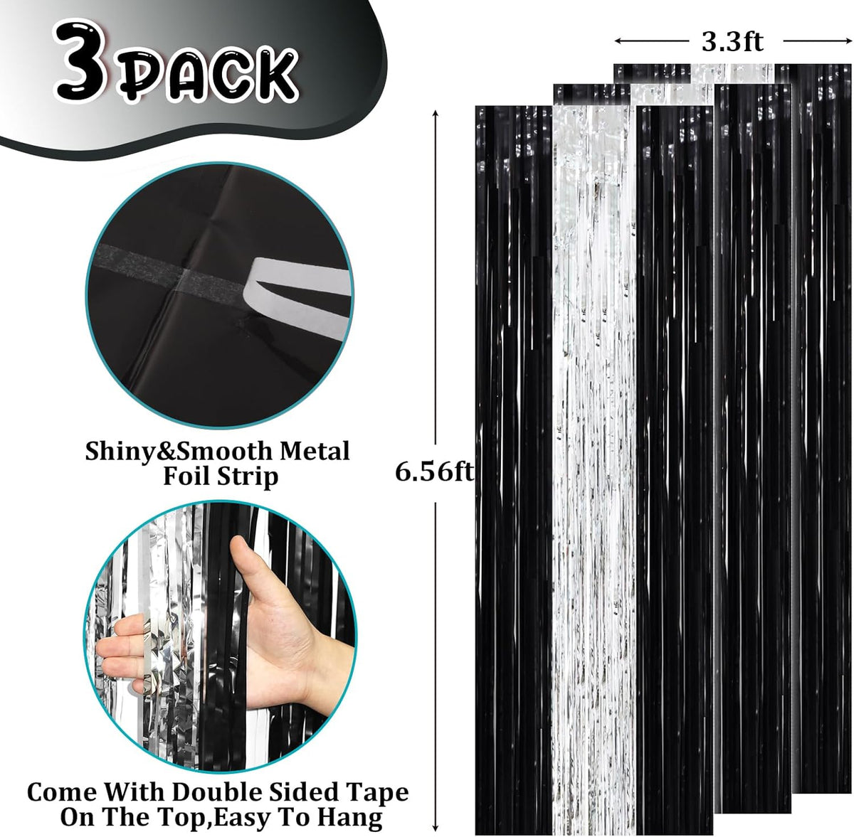 3 Pack 3.3 x 8.2 ft Black and Silver Foil Fringe Backdrop Curtains, Tinsel Streamers Party