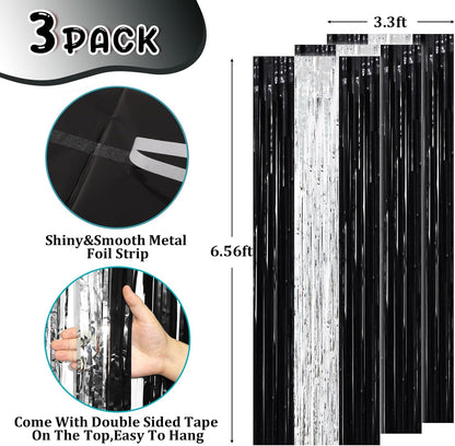 3 Pack 3.3 x 8.2 ft Black and Silver Foil Fringe Backdrop Curtains, Tinsel Streamers Party