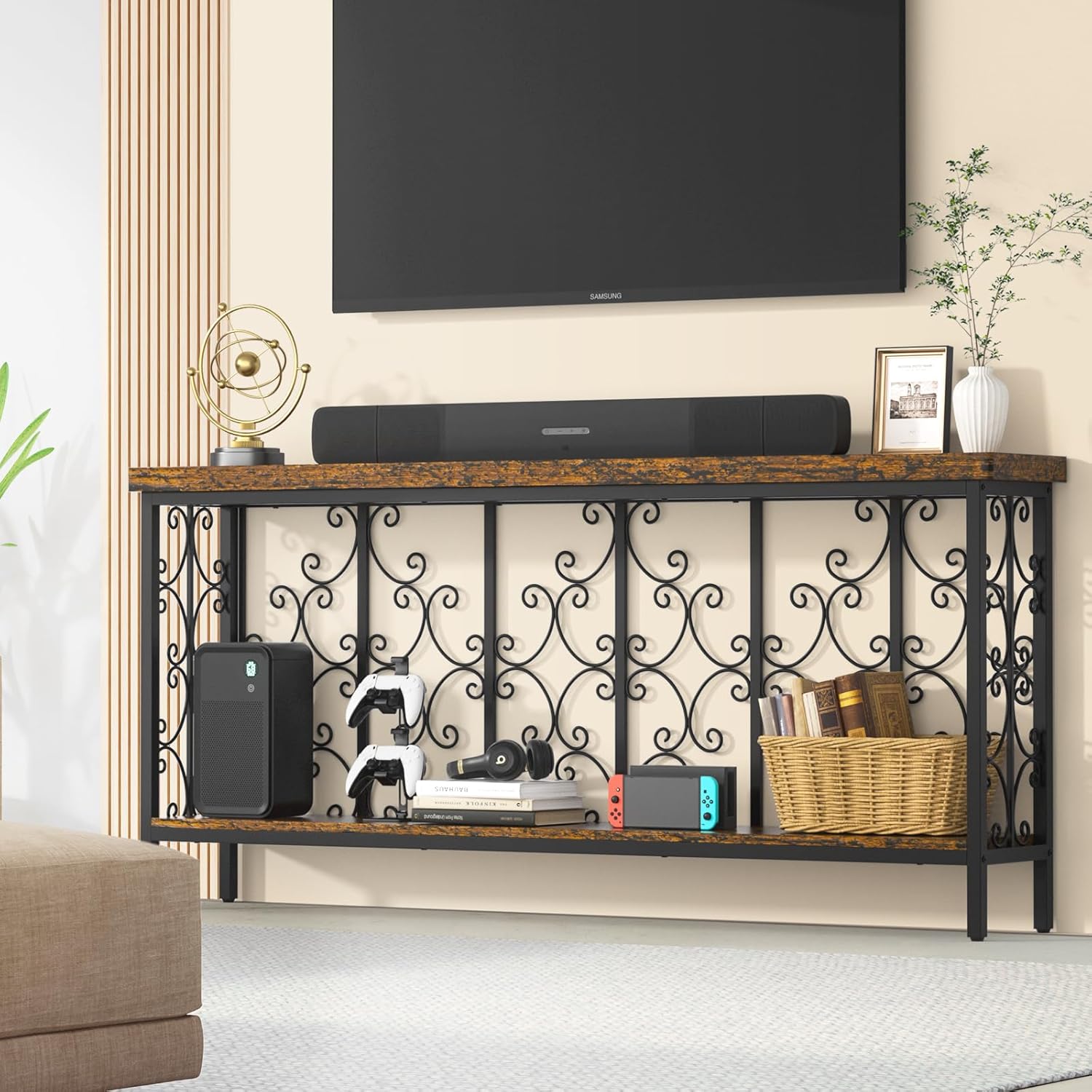 ikkle 70.9" Extra Long Console Table, Industrial Narrow Sofa Table Behind Couch with 2 Tier Storage