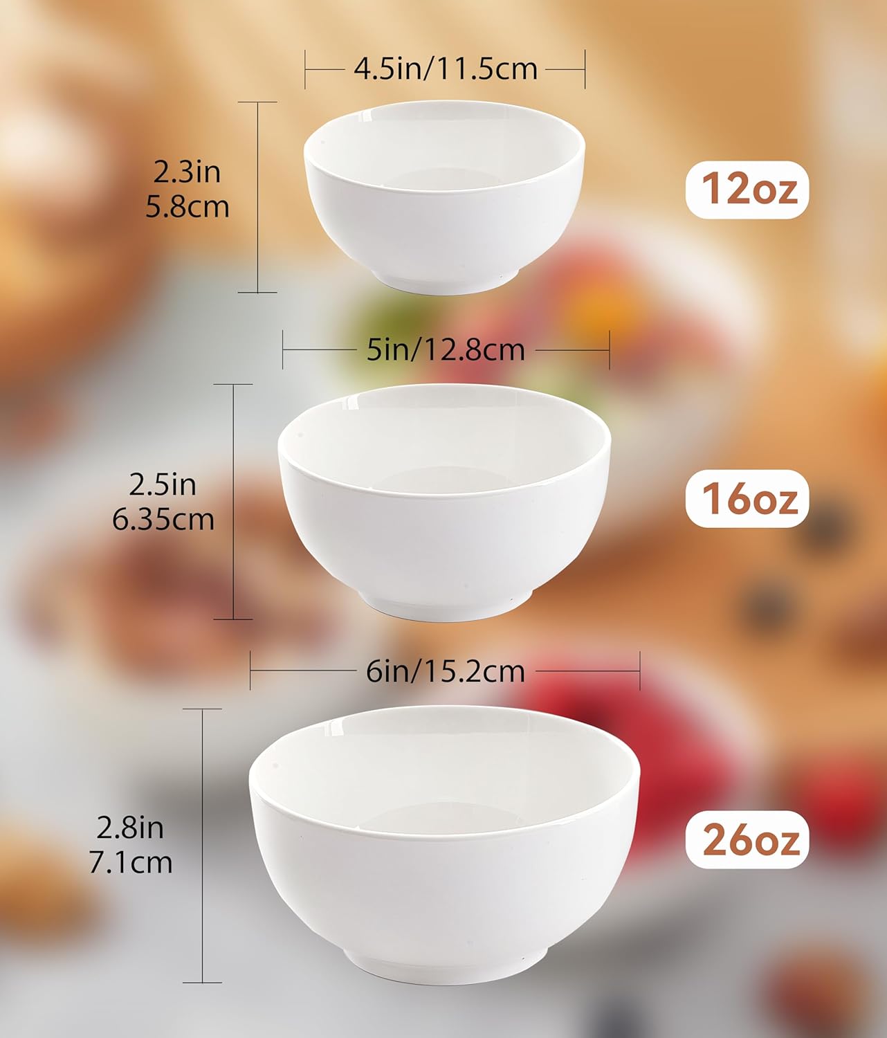 White 4.5in Small Ceramic Bowls, 12 OZ Cereal Bowls Set of 6 for Dessert, Rice, Jello, Pudding