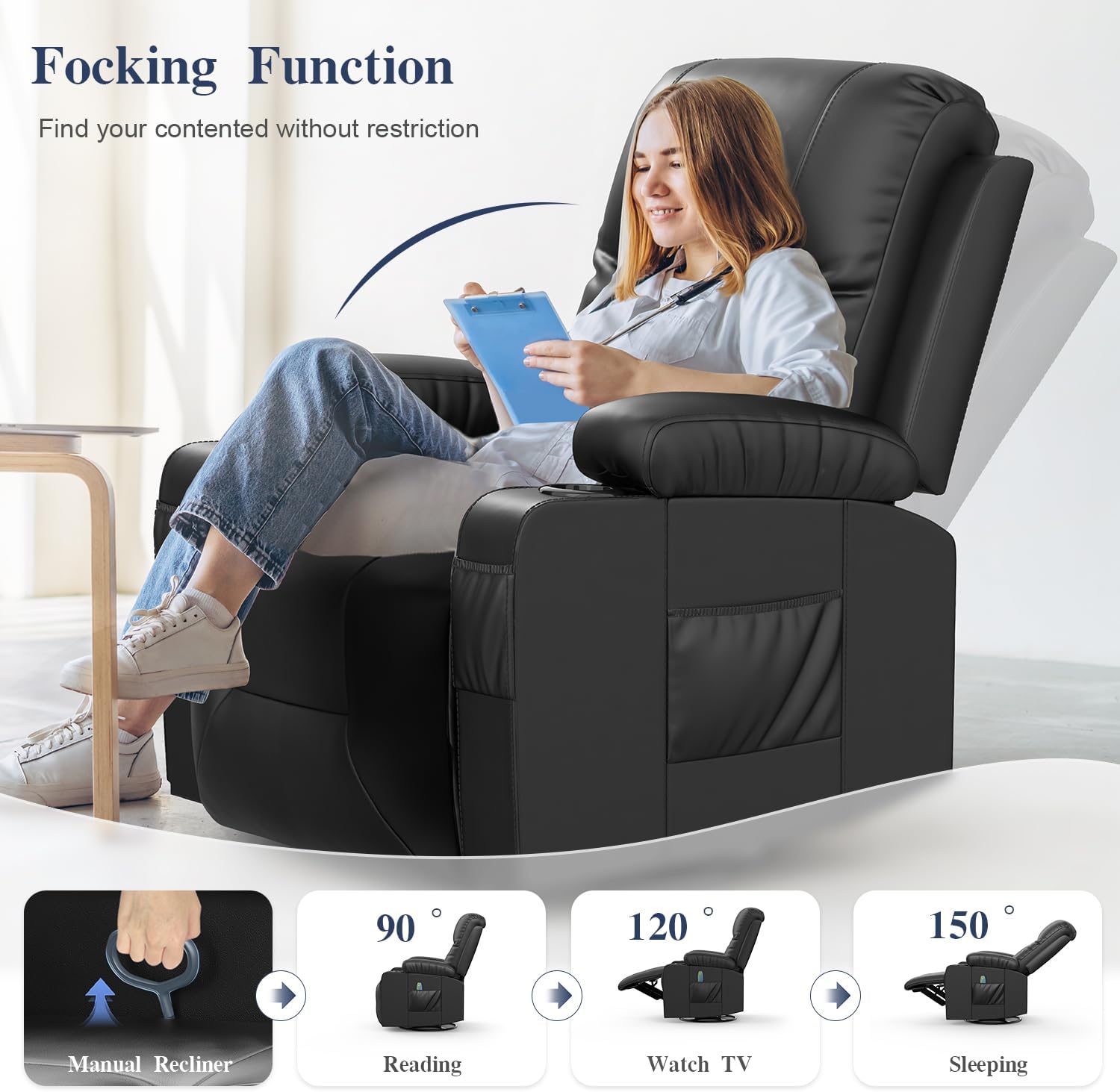 Recliner Chairs for Adults, FSC Certified Massage Rocker with Heated Modern Ergonomic Lounge 360