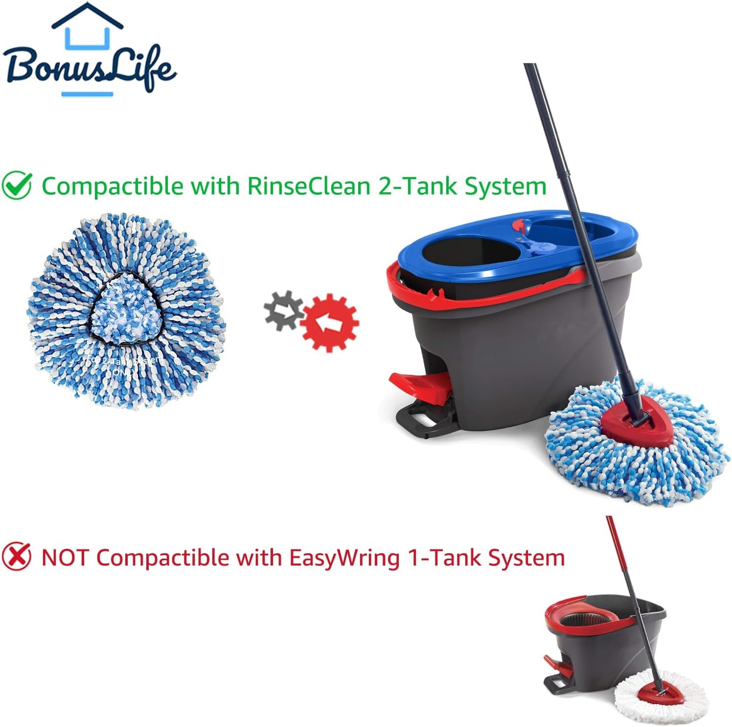 BonusLife 2-Pack Mop Head for O-Ceda RinseClean Spin Mop Refill 2-Tank System Only Easy Cleaning