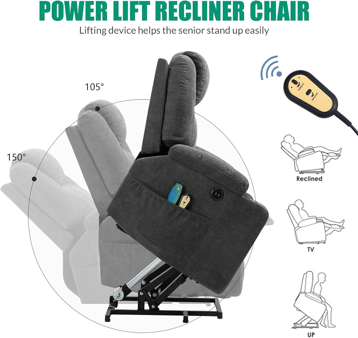 VIVIJASON Power Lift Chair Electric Recliner for Elderly Heated Vibration Massage Fabric Recliner