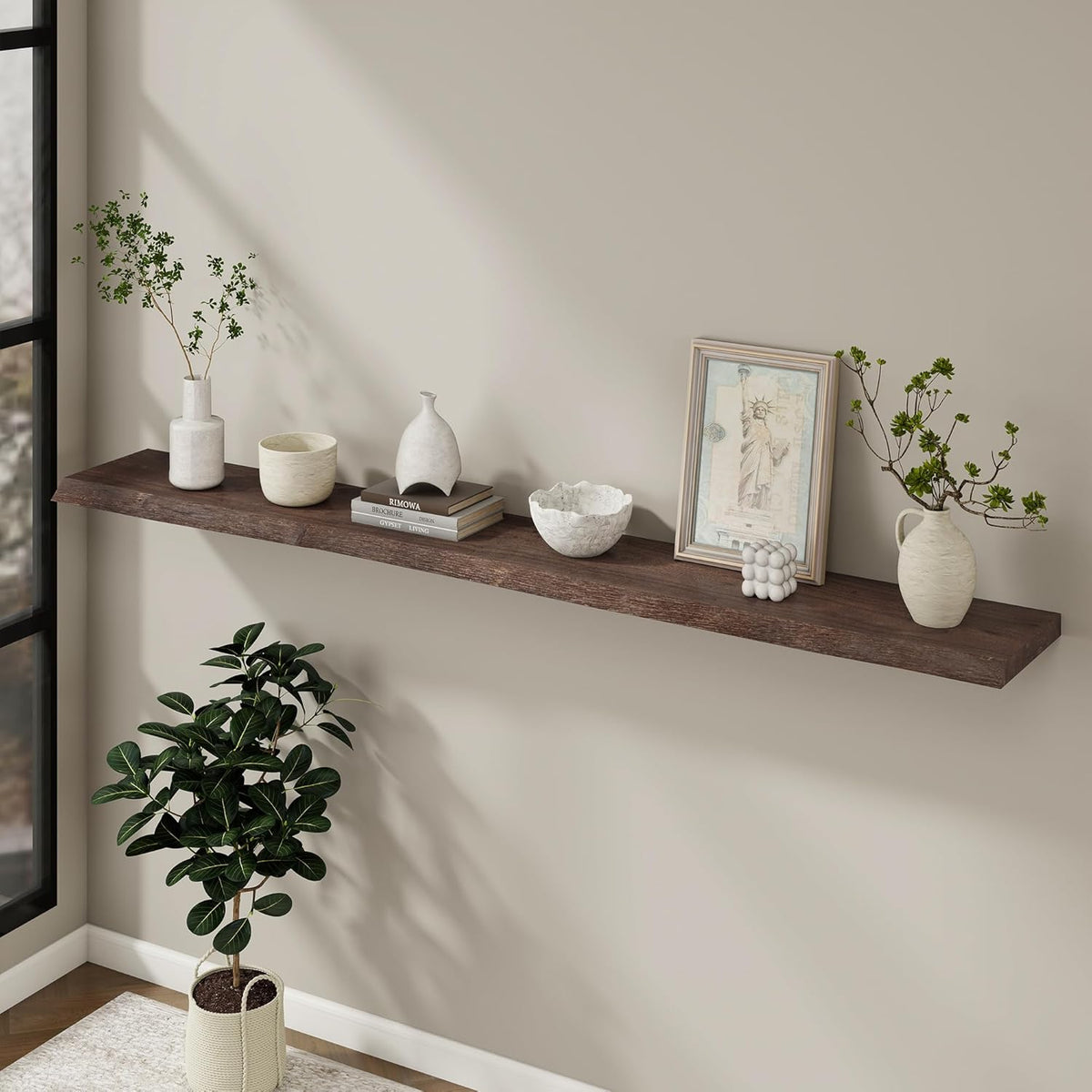 Floating Shelves for Wall, 72"x9.3" Rustic Solid Live-Edge Elm Wood Wall Shelves, Heavy-Duty