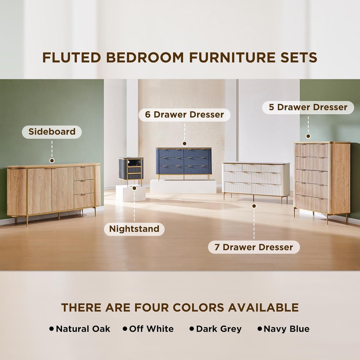 T4TREAM Fluted 5 Drawers Dresser for Bedroom, 48" Tall Modern Dresser Chest of Drawers, Gold