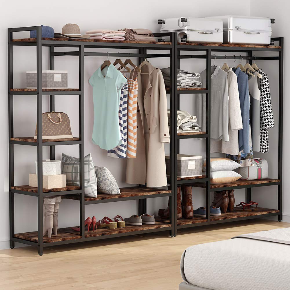 LITTLE TREE Free Standing Wood Closet Clothes Rack,Heavy Duty Grament Rack with Shelves,Hanging