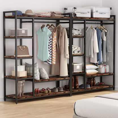LITTLE TREE Free Standing Wood Closet Clothes Rack,Heavy Duty Grament Rack with Shelves,Hanging