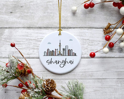 Andaz Press Round Ceramic Porcelain Christmas Tree Ornament Keepsake Gift, Shanghai, Colorful