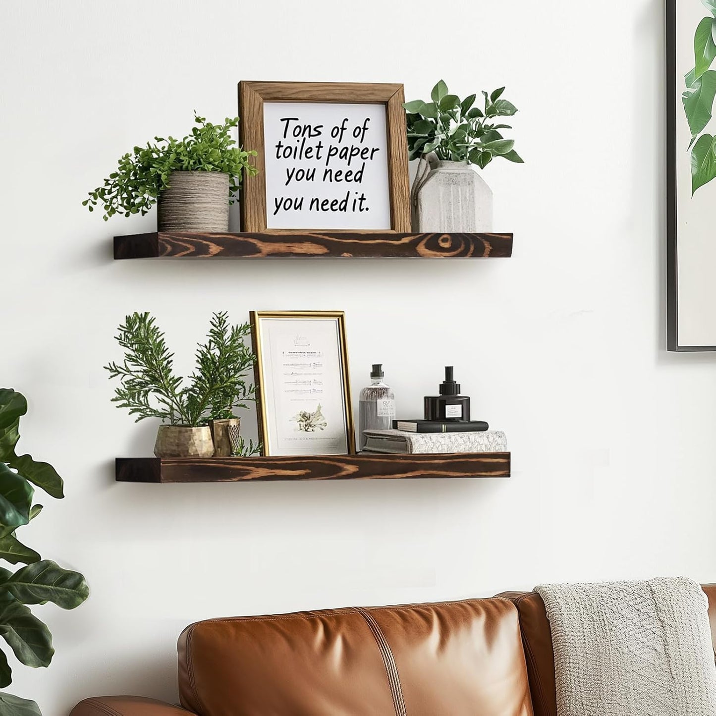 Floating Wall Shelves - 16"x6.8"x1.2" Sturdy Rustic Brown Solid Wood Shelves for Storage and Décor