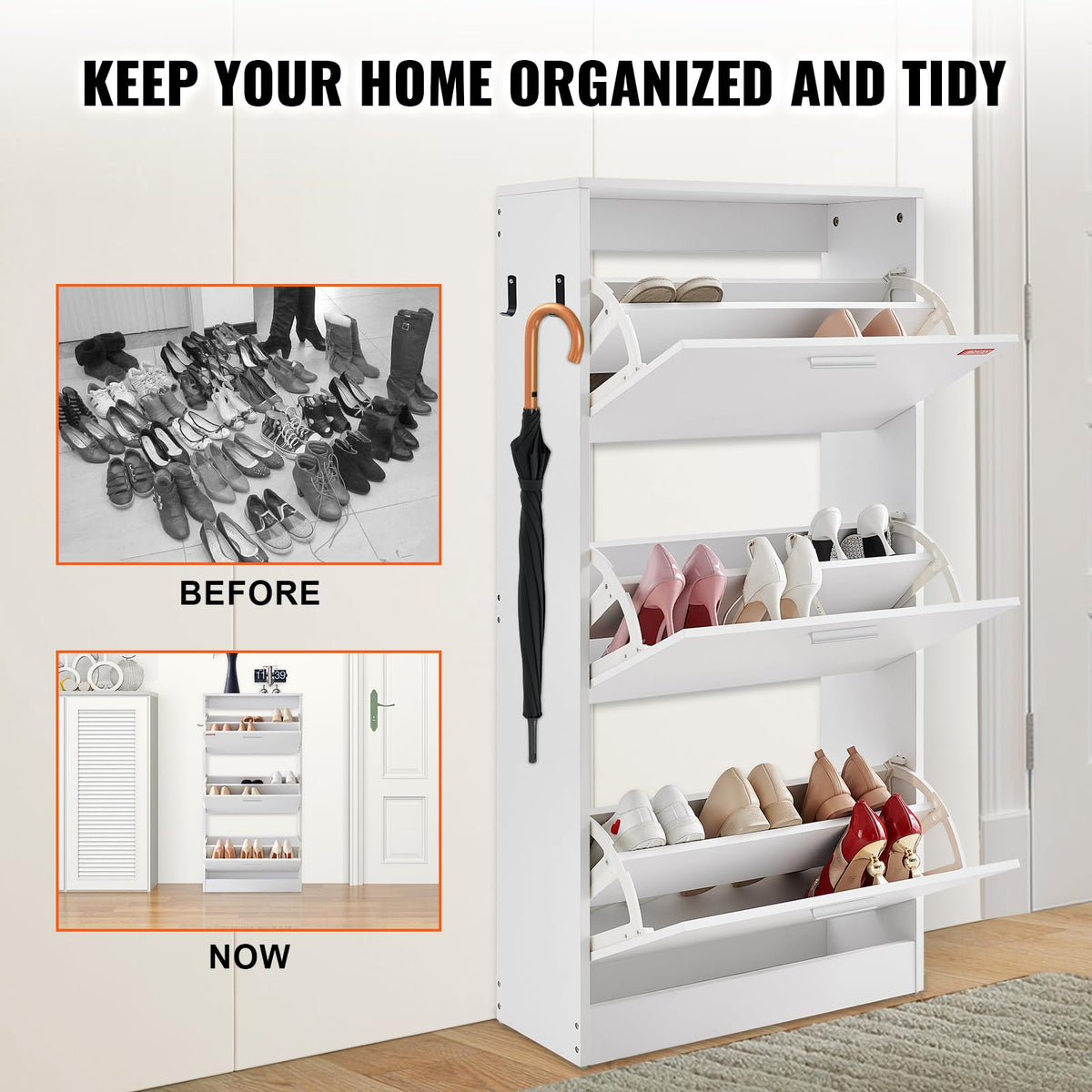 VEVOR Shoe Cabinet with 3 Flip Drawers, Shoe Storage Cabinet for Entryway, Free Standing Shoe