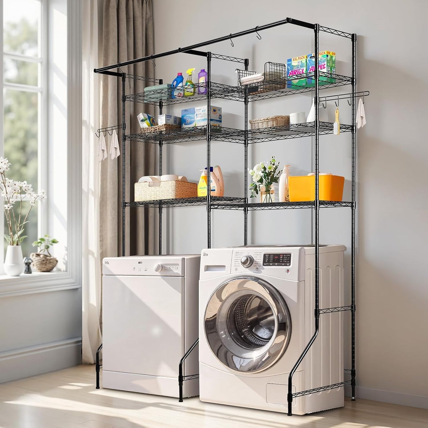 VEVOR Over The Washer and Dryer Storage Shelf, 6 Tier Laundry Room Drying Rack with Hanger Rod and