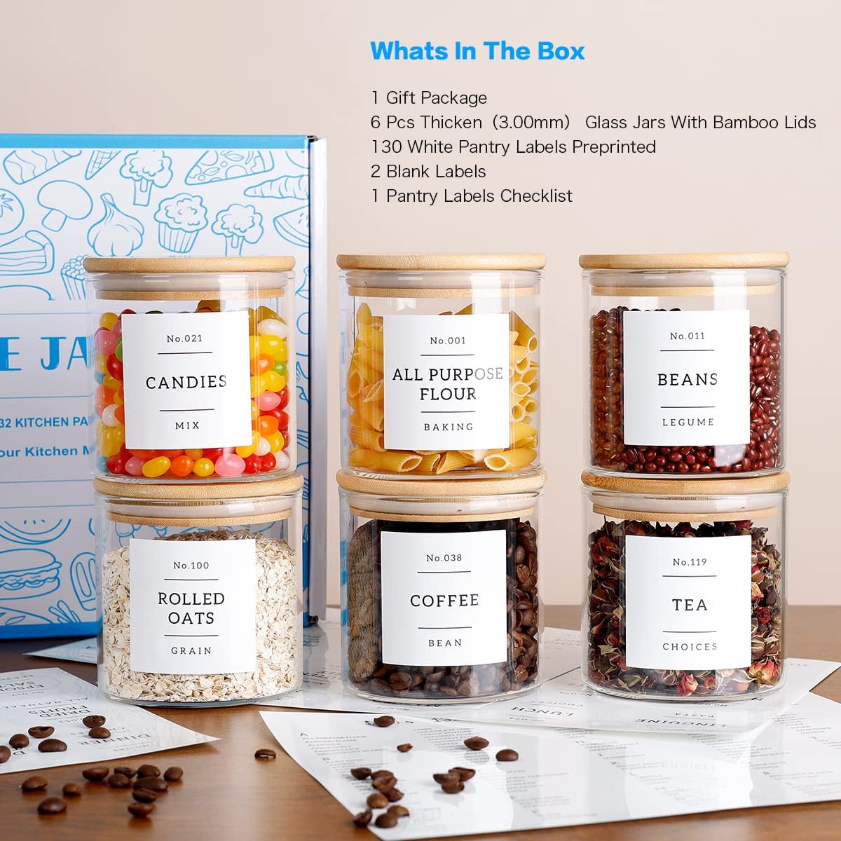 20 OZ Glass Food Storage Jars with 132 Pantry Labels Preprinted - 6 Pcs Thicken Glass Storage
