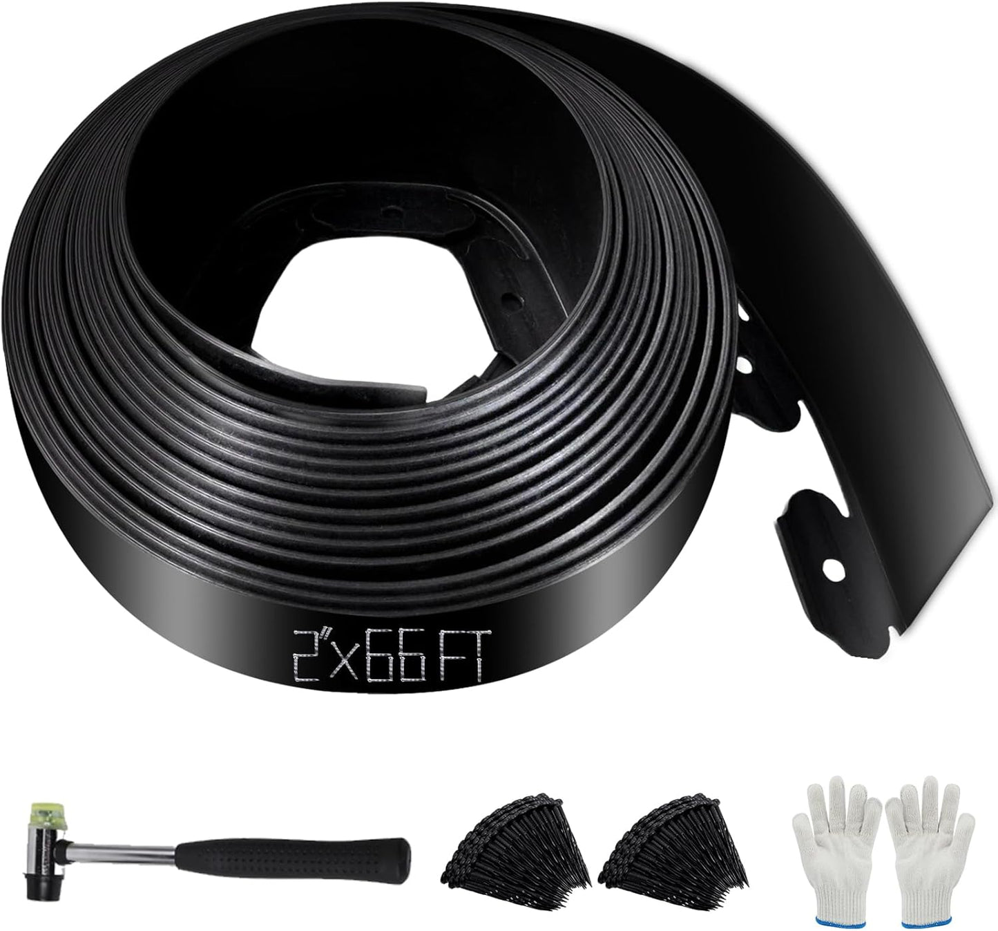 No Dig Landscape Edging 2" x 66FT Kit, Plastic Edging for Landscaping with 200 Spikes, for Garden