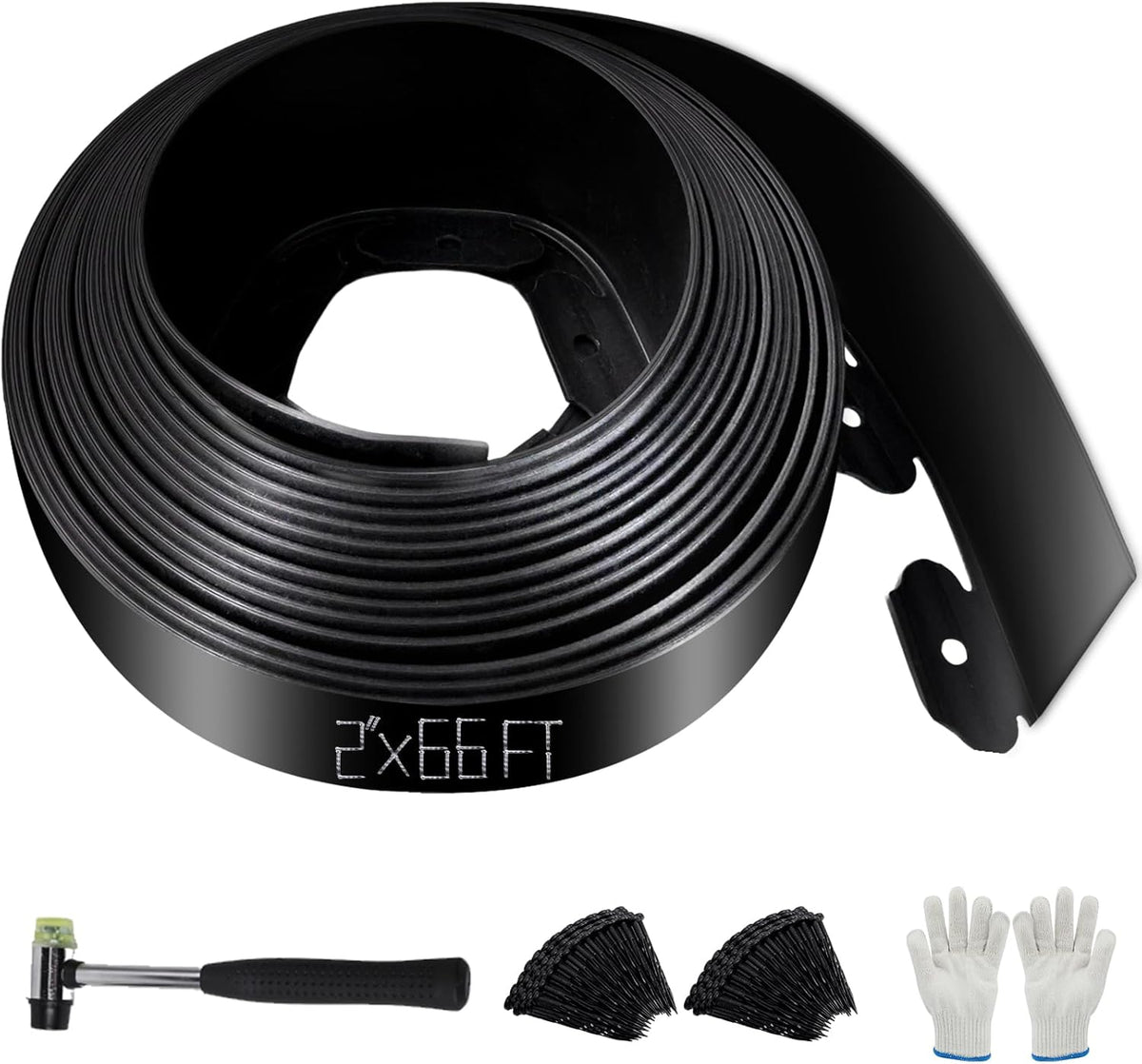 No Dig Landscape Edging 2" x 66FT Kit, Plastic Edging for Landscaping with 200 Spikes, for Garden