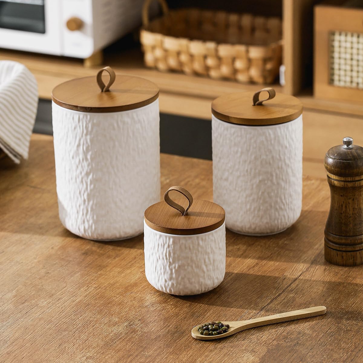 Black White Ceramic Coffee Canister Tea Canister with Seal Wood Lid, Airtight Coffee Storage