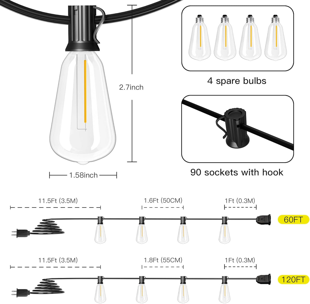 OHLUX Exterior Hanging Lights,180FT Connectable Outside Patio Lights with 94 Shatterproof ST38 LED