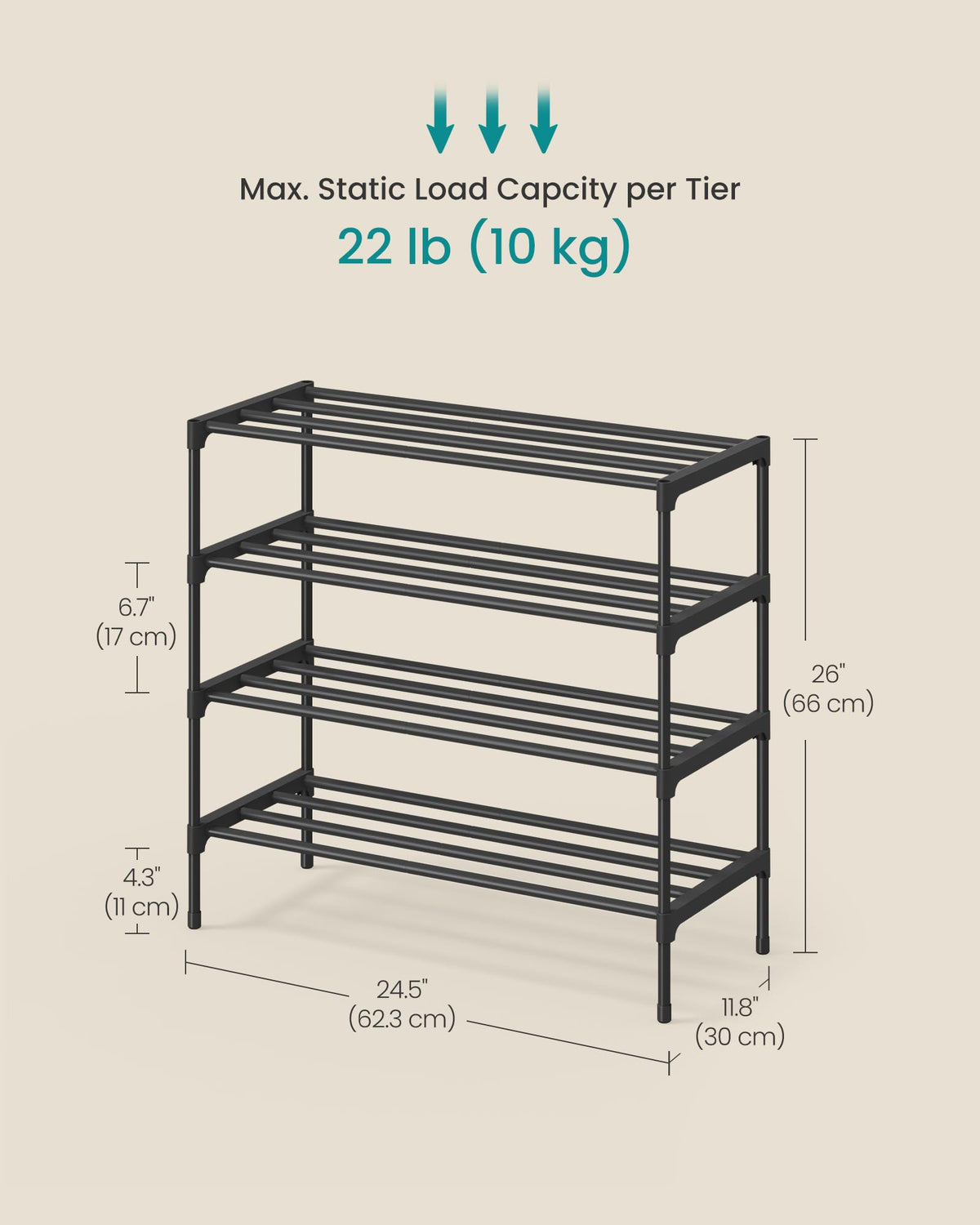 SONGMICS 4-Tier Shoe Rack, Stackable Compact Metal Shoe Storage Organizer
