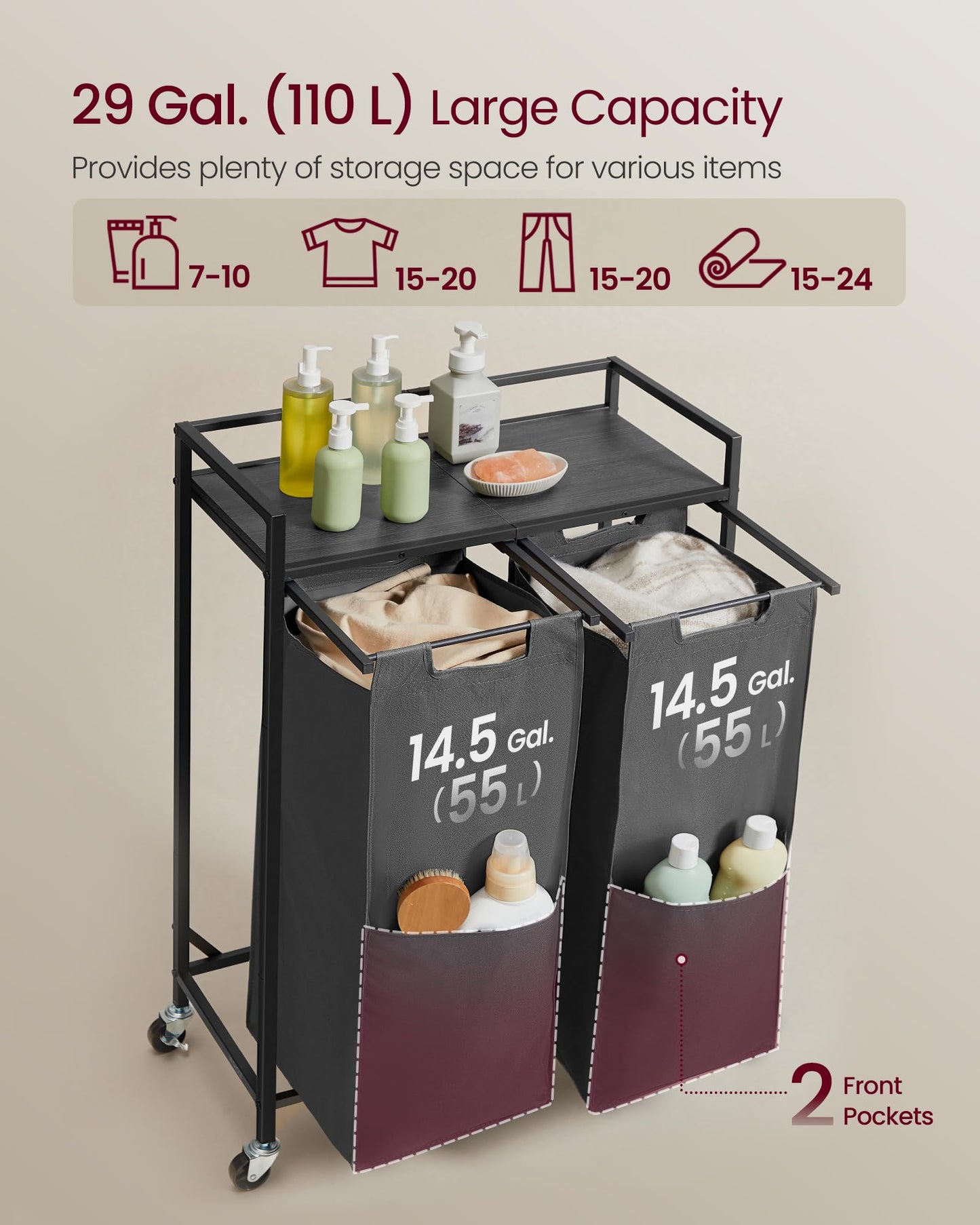 VASAGLE Laundry Sorter, 29 Gal. (110 L) Laundry Hamper Basket with 2 Compartments, Rolling Cart