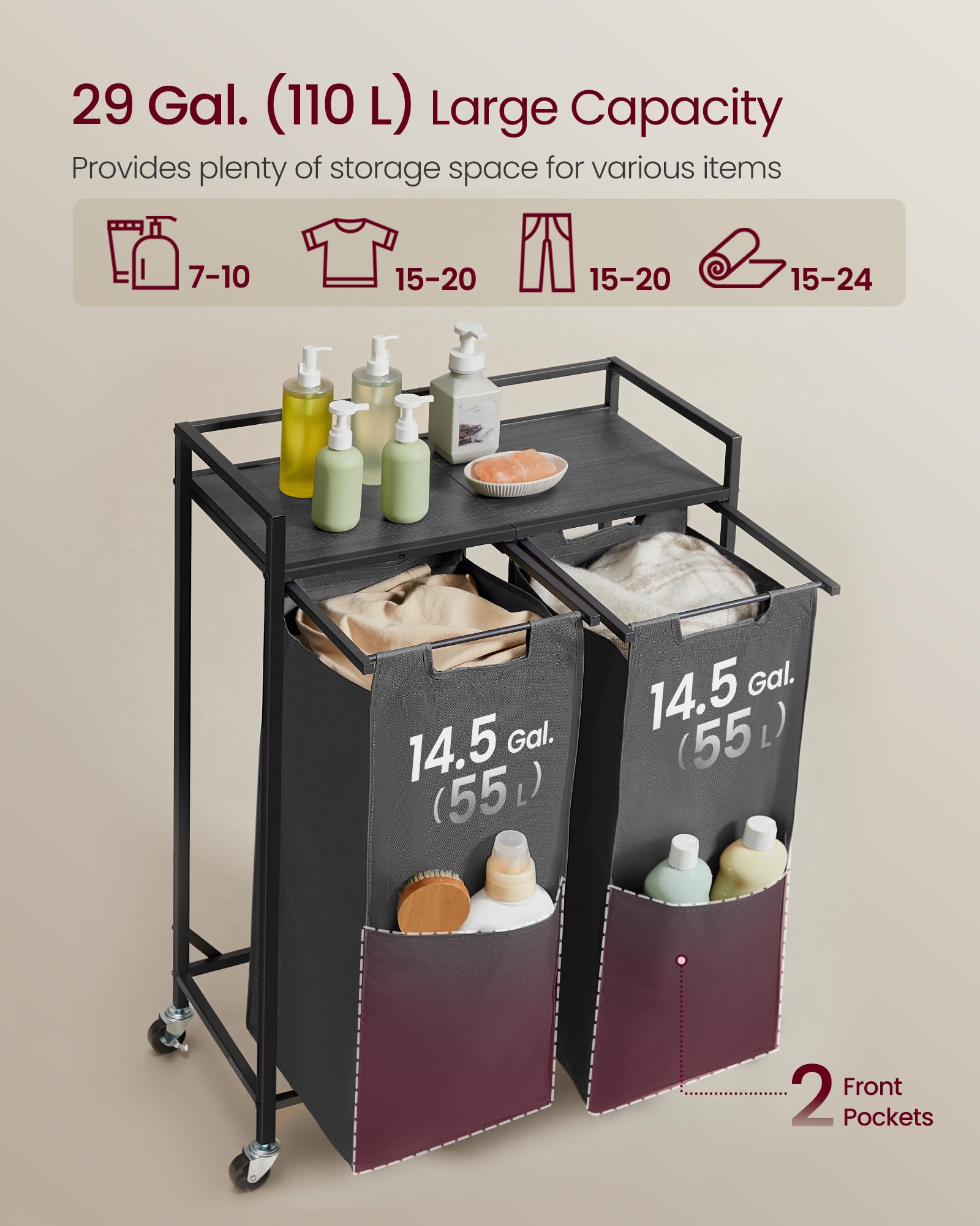 VASAGLE Laundry Sorter, 29 Gal. (110 L) Laundry Hamper Basket with 2 Compartments, Rolling Cart