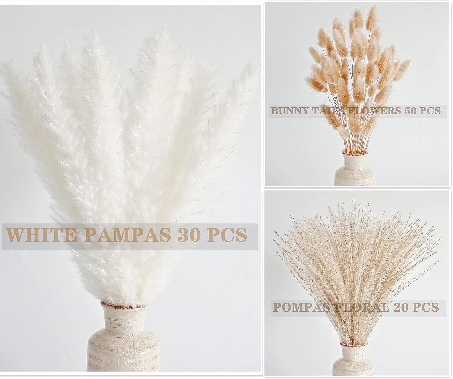Natural Dried Pampas Grass Decor, White Pampas Grass， Bunny Tails Dried Flowers, Reed Grass Bouquet