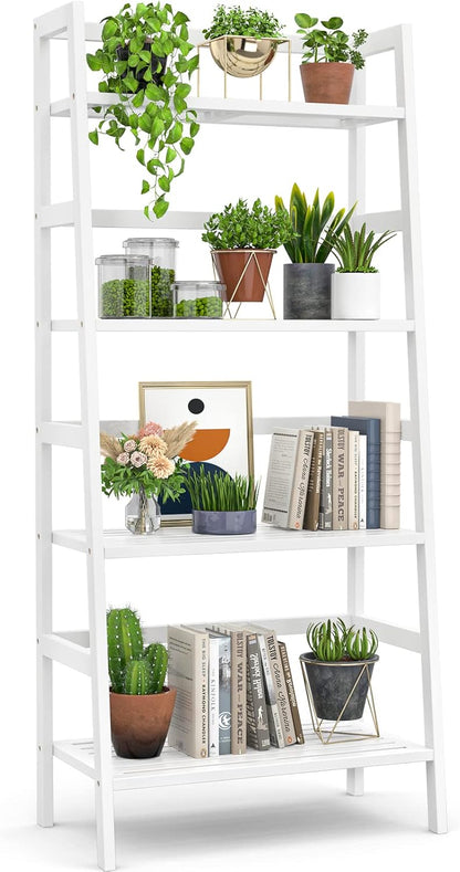 Homykic Bamboo White Bookshelf 4-Tier Ladder Shelf, 49.2” Freestanding Open Bookcase Book Shelf