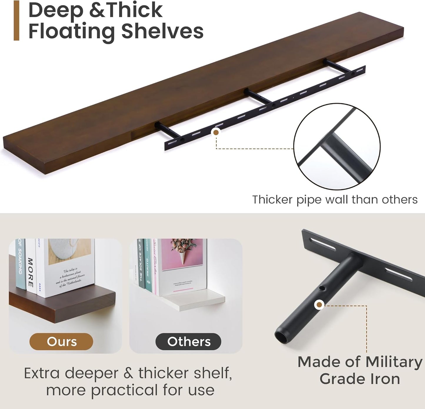 Floating Shelves 55 Inches Long - 8 Inch Deep Rustic Solid Pine Wood for Storage - Farmhouse Wall