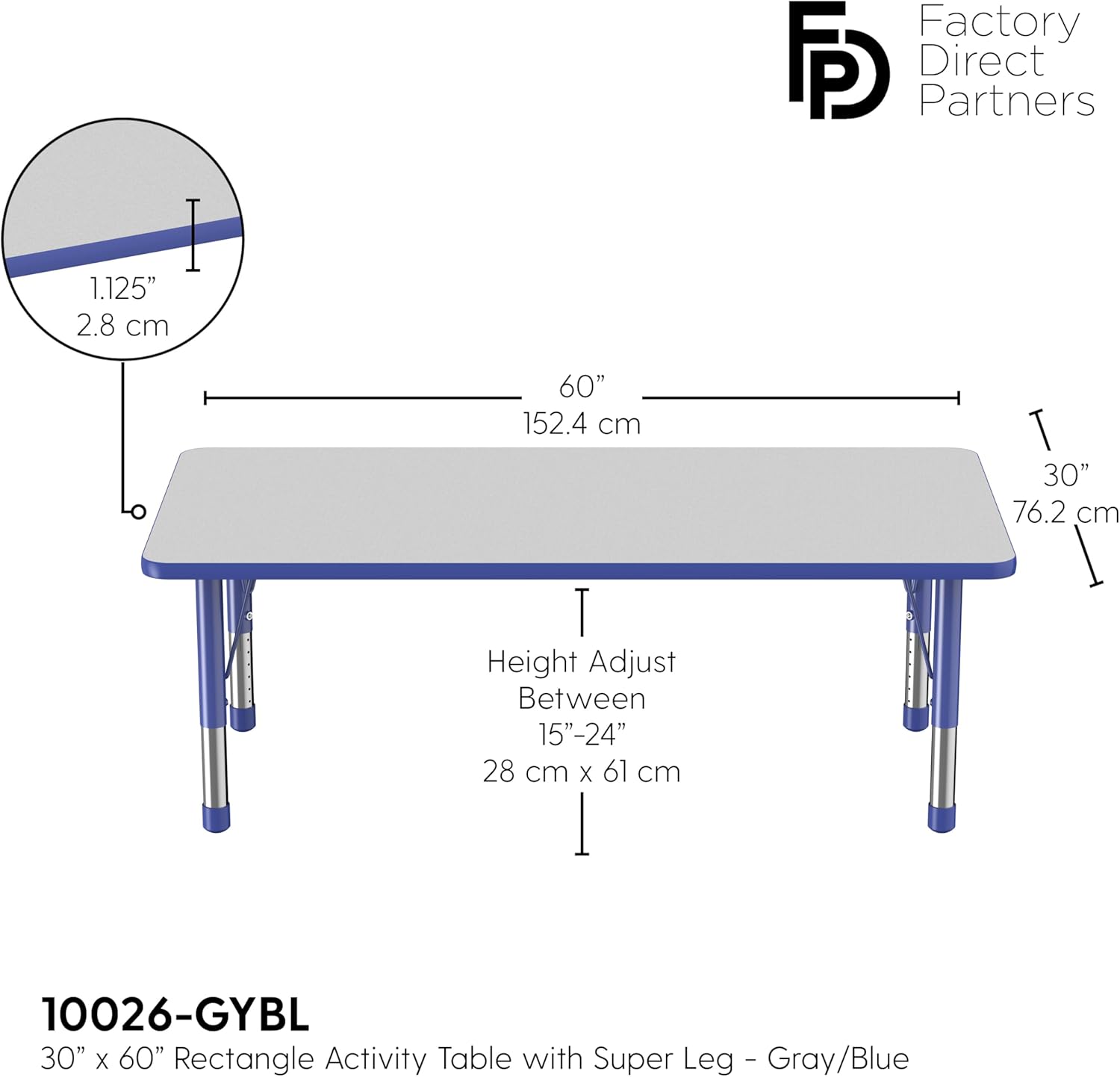 FDP Rectangle Activity School and Classroom Kids Table (30 x 60 inch), Toddler Legs, Adjustable