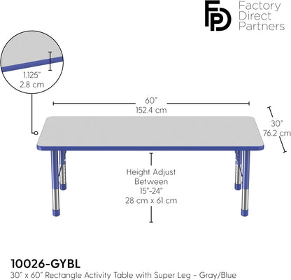 FDP Rectangle Activity School and Classroom Kids Table (30 x 60 inch), Toddler Legs, Adjustable