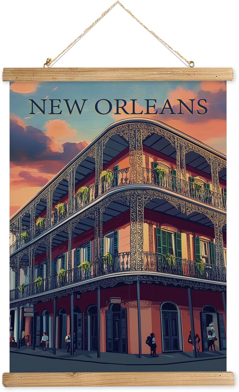 WREVERW Vintage New Orleans Poster Canvas Print with Wooden Hanger Frame, Featuring French Quarter
