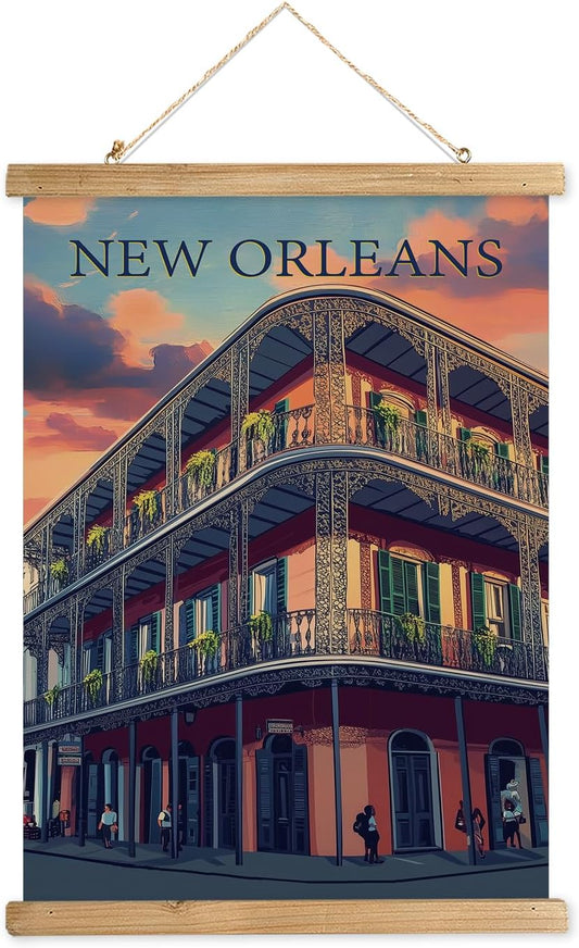 WREVERW Vintage New Orleans Poster Canvas Print with Wooden Hanger Frame, Featuring French Quarter