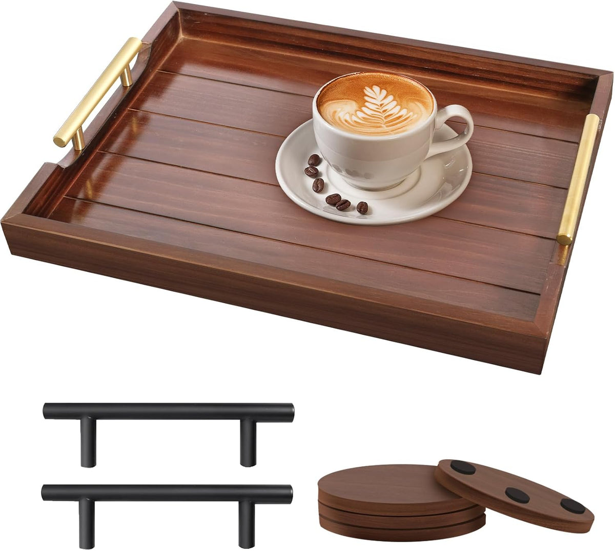 Coffee Table Tray - Large Ottoman Trays for Living Rooms - Wood Serving Tray with Handles(2 Sets)