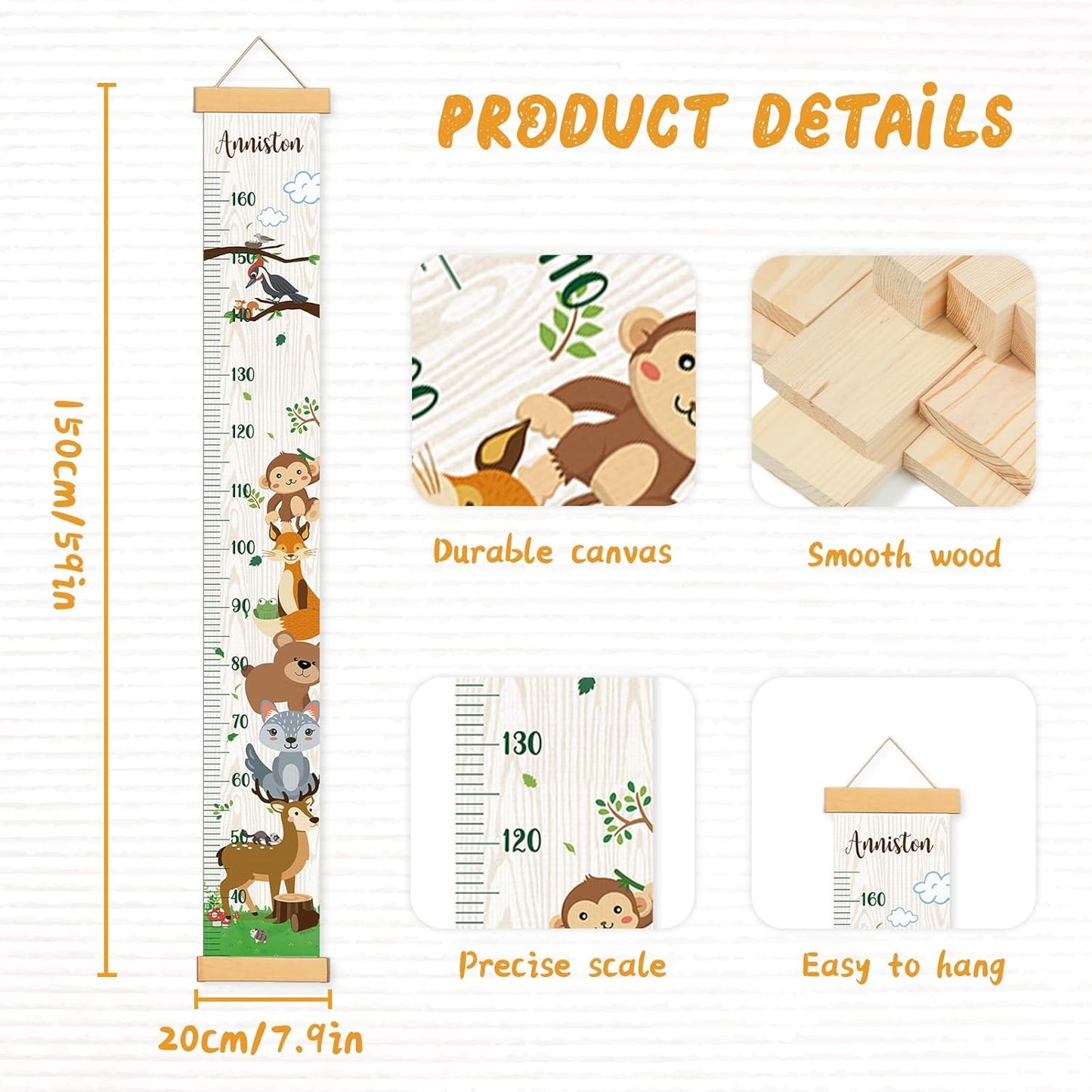 Personalized Name Growth Chart Wall Decor for Kids – Canvas Removable Height Chart Measuring Ruler