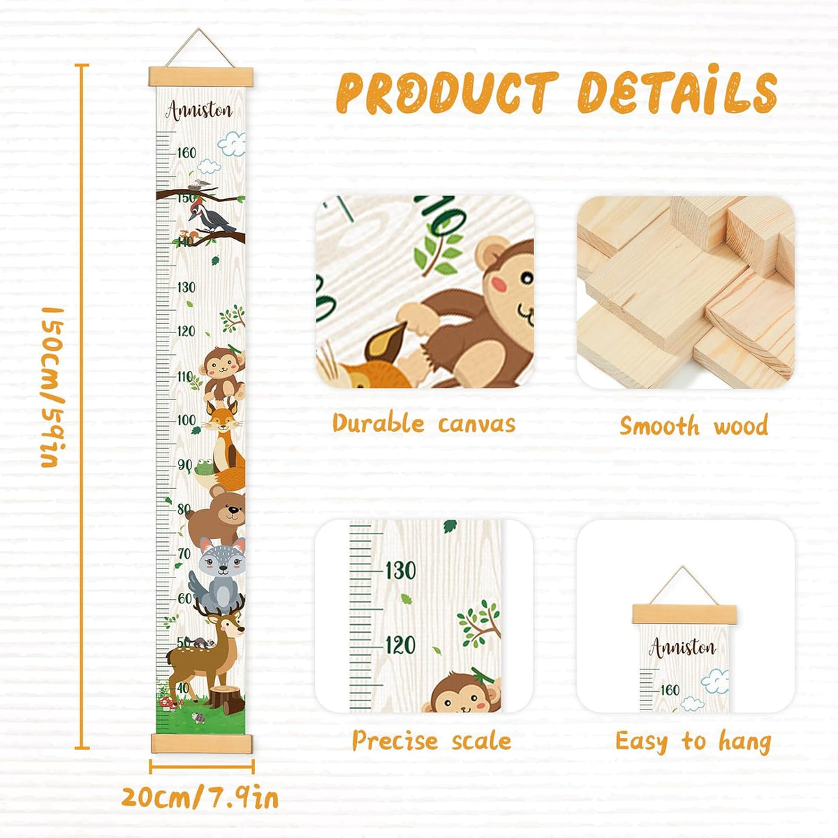 Personalized Name Growth Chart Wall Decor for Kids – Canvas Removable Height Chart Measuring Ruler