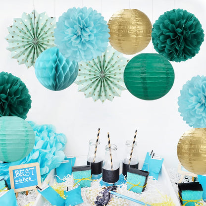 Sage-Green Teal-Blue Party-Decorations Streamers Lanterns - 14pcs Rustic Wedding Baby Shower Paper